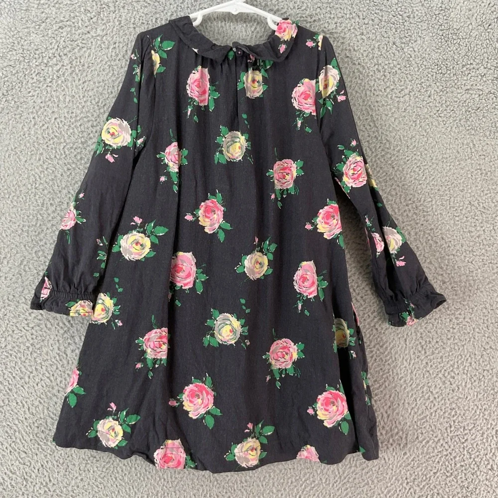 Mini Boden Floral Dress Kids 7-8Y Black Rose Print Autumnal Long Sleeve Ruffle